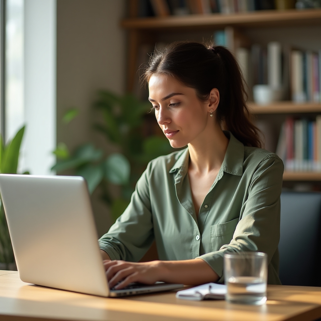 Webinar-Teilnehmerin konzentriert vor Laptop